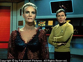 Odona on the bridge of the false Enterprise with Captain Kirk